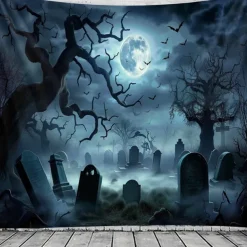 Halloween Haunted Graveyard Wall Tapestry – Full Moon with Flying Bats, Spooky Trees, Gothic Backdrop for 2025 Halloween Bedroom, Living Room, Horror Party Decoration