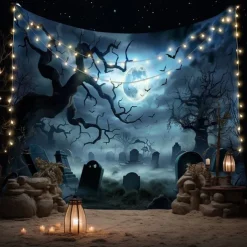 Halloween Haunted Graveyard Wall Tapestry – Full Moon with Flying Bats, Spooky Trees, Gothic Backdrop for 2025 Halloween Bedroom, Living Room, Horror Party Decoration