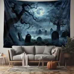 Halloween Haunted Graveyard Wall Tapestry – Full Moon with Flying Bats, Spooky Trees, Gothic Backdrop for 2025 Halloween Bedroom, Living Room, Horror Party Decoration