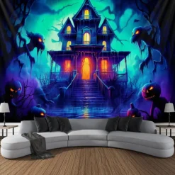 Halloween Haunted House Backdrop, 3D Archway Haunted Castle Entrance Wall Tapestry, UV Reactive Blacklight Wall Hanging, Glow in the Dark Spooky Mural for Living Room & Bedroom Wall art Decor