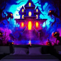 Halloween Haunted House Backdrop, 3D Archway Haunted Castle Entrance Wall Tapestry, UV Reactive Blacklight Wall Hanging, Glow in the Dark Spooky Mural for Living Room & Bedroom Wall art Decor