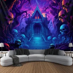 Halloween Haunted House Backdrop, 3D Archway Haunted Castle Entrance Wall Tapestry, UV Reactive Blacklight Wall Hanging, Glow in the Dark Spooky Mural for Living Room & Bedroom Wall art Decor