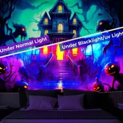Halloween Haunted House Backdrop, 3D Archway Haunted Castle Entrance Wall Tapestry, UV Reactive Blacklight Wall Hanging, Glow in the Dark Spooky Mural for Living Room & Bedroom Wall art Decor