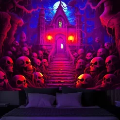 Halloween Haunted House Backdrop, 3D Archway Haunted Castle Entrance Wall Tapestry, UV Reactive Blacklight Wall Hanging, Glow in the Dark Spooky Mural for Living Room & Bedroom Wall art Decor