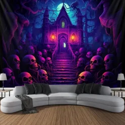 Halloween Haunted House Backdrop, 3D Archway Haunted Castle Entrance Wall Tapestry, UV Reactive Blacklight Wall Hanging, Glow in the Dark Spooky Mural for Living Room & Bedroom Wall art Decor