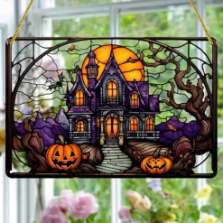 Halloween Haunted House Castle and Pumpkin Head Acrylic Wall Hanging - Spooky Home Decor for Windows, Doors, and Porch Walls