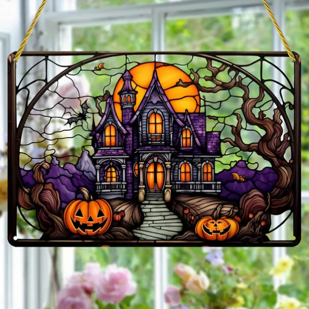 Halloween Haunted House Castle and Pumpkin Head Acrylic Wall Hanging - Spooky Home Decor for Windows, Doors, and Porch Walls