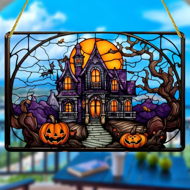 Halloween Haunted House Castle and Pumpkin Head Acrylic Wall Hanging - Spooky Home Decor for Windows, Doors, and Porch Walls