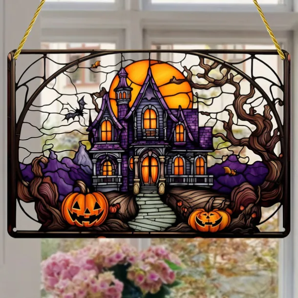 Halloween Haunted House Castle and Pumpkin Head Acrylic Wall Hanging - Spooky Home Decor for Windows, Doors, and Porch Walls