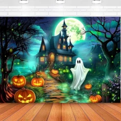 Halloween Haunted House Ghost Pumpkin Wall Tapestry – Spooky Full Moon Night Wall Hanging Background for Party, Bedroom, Living Room, 2025 Halloween Home Decoration