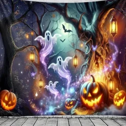 Halloween Haunted House Ghost Pumpkin Wall Tapestry – Spooky Full Moon Night Wall Hanging Background for Party, Bedroom, Living Room, 2025 Halloween Home Decoration
