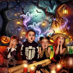 Halloween Haunted House Ghost Pumpkin Wall Tapestry – Spooky Full Moon Night Wall Hanging Background for Party, Bedroom, Living Room, 2025 Halloween Home Decoration