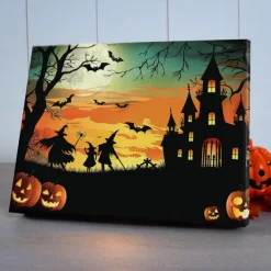 Halloween Haunted House Silhouette LED Canvas Wall Art - Battery Operated Lighted Wall Decor for 2025 Halloween home decoration light livingroom and bedroom