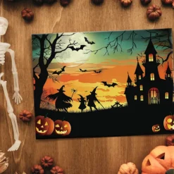 Halloween Haunted House Silhouette LED Canvas Wall Art - Battery Operated Lighted Wall Decor for 2025 Halloween home decoration light livingroom and bedroom