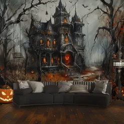 Halloween Haunted House Tapestry – Creepy Spooky Mansion Wall Art Backdrop, Large Hanging Mural Blanket Curtain for Home Bedroom Living Room 2025 Halloween Decoration