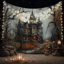 Halloween Haunted House Tapestry – Creepy Spooky Mansion Wall Art Backdrop, Large Hanging Mural Blanket Curtain for Home Bedroom Living Room 2025 Halloween Decoration