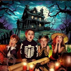 Halloween Haunted House Tapestry – Creepy Spooky Mansion Wall Art Backdrop, Large Hanging Mural Blanket Curtain for Home Bedroom Living Room 2025 Halloween Decoration