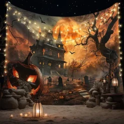 Halloween Haunted House Tapestry – Creepy Spooky Mansion Wall Art Backdrop, Large Hanging Mural Blanket Curtain for Home Bedroom Living Room 2025 Halloween Decoration