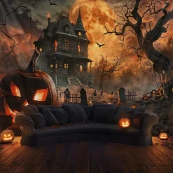 Halloween Haunted House Tapestry – Creepy Spooky Mansion Wall Art Backdrop, Large Hanging Mural Blanket Curtain for Home Bedroom Living Room 2025 Halloween Decoration