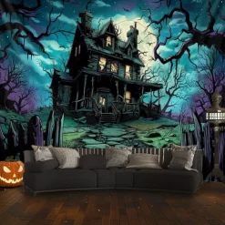 Halloween Haunted House Tapestry – Creepy Spooky Mansion Wall Art Backdrop, Large Hanging Mural Blanket Curtain for Home Bedroom Living Room 2025 Halloween Decoration