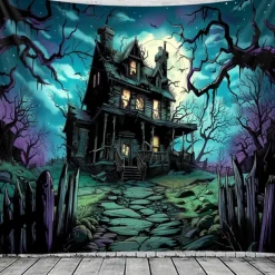 Halloween Haunted House Tapestry – Creepy Spooky Mansion Wall Art Backdrop, Large Hanging Mural Blanket Curtain for Home Bedroom Living Room 2025 Halloween Decoration