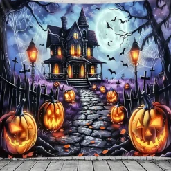 Halloween Haunted House Tapestry – Creepy Spooky Mansion Wall Art Backdrop, Large Hanging Mural Blanket Curtain for Home Bedroom Living Room 2025 Halloween Decoration