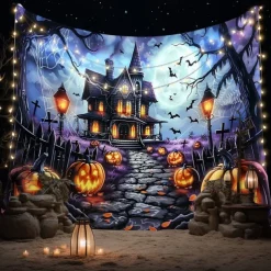 Halloween Haunted House Tapestry – Creepy Spooky Mansion Wall Art Backdrop, Large Hanging Mural Blanket Curtain for Home Bedroom Living Room 2025 Halloween Decoration