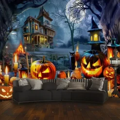 Halloween Haunted House Wall Tapestry – Skeleton and Glowing Jack-o'-Lantern Porch Scene, Spooky Night Sky, Gothic Backdrop for 2025 Halloween Living Room, Bedroom, Party Decoration