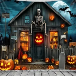 Halloween Haunted House Wall Tapestry – Skeleton and Glowing Jack-o'-Lantern Porch Scene, Spooky Night Sky, Gothic Backdrop for 2025 Halloween Living Room, Bedroom, Party Decoration