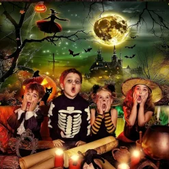 Halloween Haunted House Wall Tapestry – Skeleton and Glowing Jack-o'-Lantern Porch Scene, Spooky Night Sky, Gothic Backdrop for 2025 Halloween Living Room, Bedroom, Party Decoration