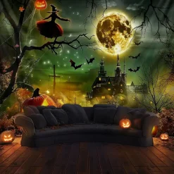 Halloween Haunted House Wall Tapestry – Skeleton and Glowing Jack-o'-Lantern Porch Scene, Spooky Night Sky, Gothic Backdrop for 2025 Halloween Living Room, Bedroom, Party Decoration
