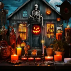 Halloween Haunted House Wall Tapestry – Skeleton and Glowing Jack-o'-Lantern Porch Scene, Spooky Night Sky, Gothic Backdrop for 2025 Halloween Living Room, Bedroom, Party Decoration