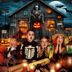 Halloween Haunted House Wall Tapestry – Skeleton and Glowing Jack-o'-Lantern Porch Scene, Spooky Night Sky, Gothic Backdrop for 2025 Halloween Living Room, Bedroom, Party Decoration