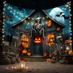 Halloween Haunted House Wall Tapestry – Skeleton and Glowing Jack-o'-Lantern Porch Scene, Spooky Night Sky, Gothic Backdrop for 2025 Halloween Living Room, Bedroom, Party Decoration