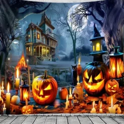 Halloween Haunted House Wall Tapestry – Skeleton and Glowing Jack-o'-Lantern Porch Scene, Spooky Night Sky, Gothic Backdrop for 2025 Halloween Living Room, Bedroom, Party Decoration
