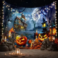 Halloween Haunted House Wall Tapestry – Skeleton and Glowing Jack-o'-Lantern Porch Scene, Spooky Night Sky, Gothic Backdrop for 2025 Halloween Living Room, Bedroom, Party Decoration