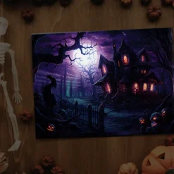 Halloween Haunted Mansion with Moonlight LED Canvas Wall Art - Battery Operated Lighted Wall Decor for 2025 Halloween home decoration light livingroom and bedroom