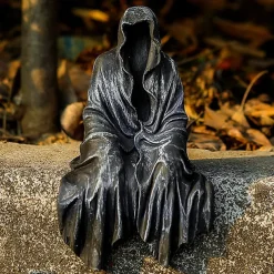 Halloween Horror Art Design Resin Black Robe Dead God Sitting Statue Gothic Dark Knight Terror Dead God Decoration Suitable for Halloween Home Decoration Bookcase Desktop Decoration Gifts 1PC