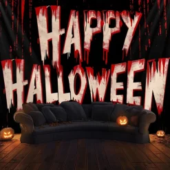 Halloween Horror Wall Tapestry – Shadow Figure with 'Happy Halloween' Blood Red Lettering, Creepy Path Scene, Gothic Backdrop for 2025 Halloween Living Room, Bedroom, Haunted House Decoration
