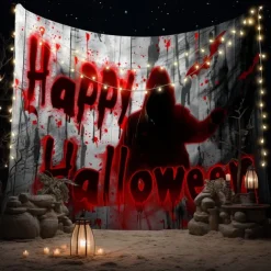 Halloween Horror Wall Tapestry – Shadow Figure with 'Happy Halloween' Blood Red Lettering, Creepy Path Scene, Gothic Backdrop for 2025 Halloween Living Room, Bedroom, Haunted House Decoration