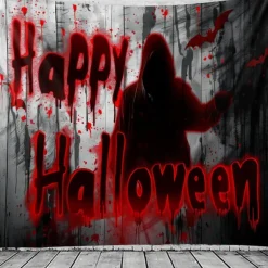 Halloween Horror Wall Tapestry – Shadow Figure with 'Happy Halloween' Blood Red Lettering, Creepy Path Scene, Gothic Backdrop for 2025 Halloween Living Room, Bedroom, Haunted House Decoration
