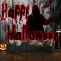 Halloween Horror Wall Tapestry – Shadow Figure with 'Happy Halloween' Blood Red Lettering, Creepy Path Scene, Gothic Backdrop for 2025 Halloween Living Room, Bedroom, Haunted House Decoration