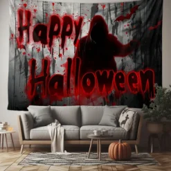 Halloween Horror Wall Tapestry – Shadow Figure with 'Happy Halloween' Blood Red Lettering, Creepy Path Scene, Gothic Backdrop for 2025 Halloween Living Room, Bedroom, Haunted House Decoration
