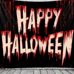 Halloween Horror Wall Tapestry – Shadow Figure with 'Happy Halloween' Blood Red Lettering, Creepy Path Scene, Gothic Backdrop for 2025 Halloween Living Room, Bedroom, Haunted House Decoration