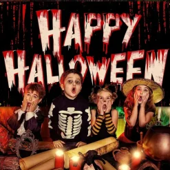 Halloween Horror Wall Tapestry – Shadow Figure with 'Happy Halloween' Blood Red Lettering, Creepy Path Scene, Gothic Backdrop for 2025 Halloween Living Room, Bedroom, Haunted House Decoration