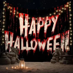 Halloween Horror Wall Tapestry – Shadow Figure with 'Happy Halloween' Blood Red Lettering, Creepy Path Scene, Gothic Backdrop for 2025 Halloween Living Room, Bedroom, Haunted House Decoration