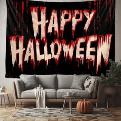 Halloween Horror Wall Tapestry – Shadow Figure with 'Happy Halloween' Blood Red Lettering, Creepy Path Scene, Gothic Backdrop for 2025 Halloween Living Room, Bedroom, Haunted House Decoration