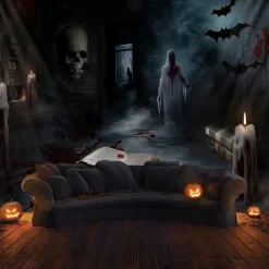 Halloween Horror Wall Tapestry – Haunted Room with Bloody Books, Ghost, Skull and Bats, Scary Wall Hanging for Party, Bedroom, Living Room 2025 Halloween Decoration
