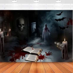 Halloween Horror Wall Tapestry – Haunted Room with Bloody Books, Ghost, Skull and Bats, Scary Wall Hanging for Party, Bedroom, Living Room 2025 Halloween Decoration