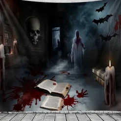 Halloween Horror Wall Tapestry – Haunted Room with Bloody Books, Ghost, Skull and Bats, Scary Wall Hanging for Party, Bedroom, Living Room 2025 Halloween Decoration